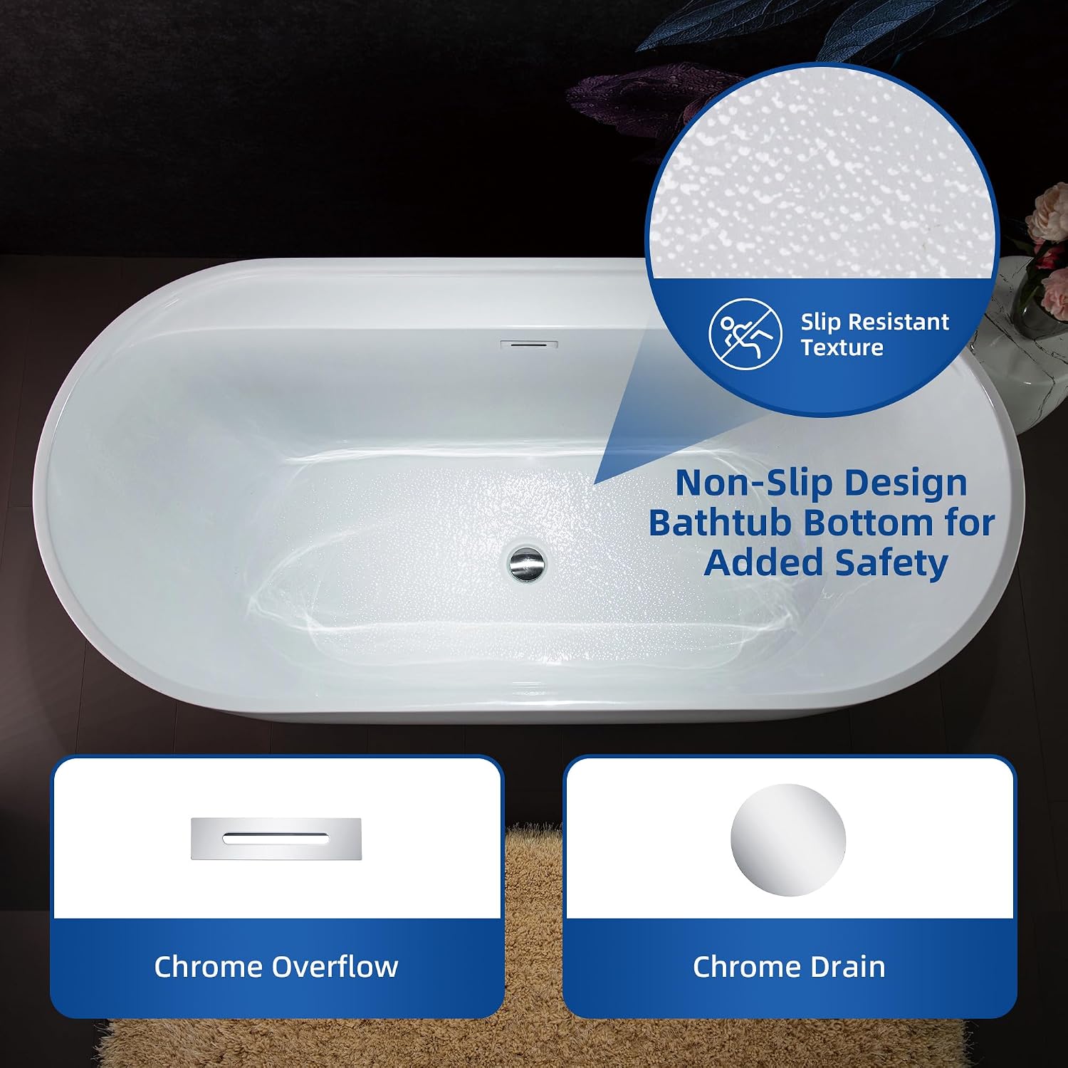 WOODBRIDGE 72' Acrylic Freestanding Bathtub Contemporary Soaking White Tub with Chrome Overflow and Drain,B0059-CH