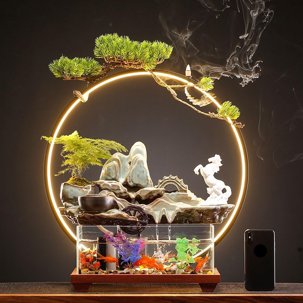 GUERNSEY Tabletop Fountain Chinese Style Mountain Flowing Water Desktop Ornaments Creative Indoor Fish Tank Circulating Water Table Fountain Indoor Waterfall Feature Indoor Fountain