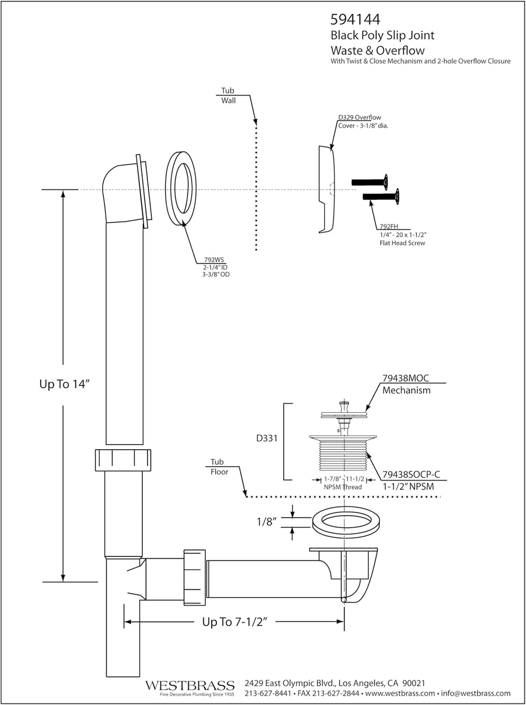 Westbrass 594144-4-62 14' Black Tubular Bath Waste & Overflow Assembly with Twist & Close Drain Plug and Two-Hole Faceplate, Matte Black (4-Pack)