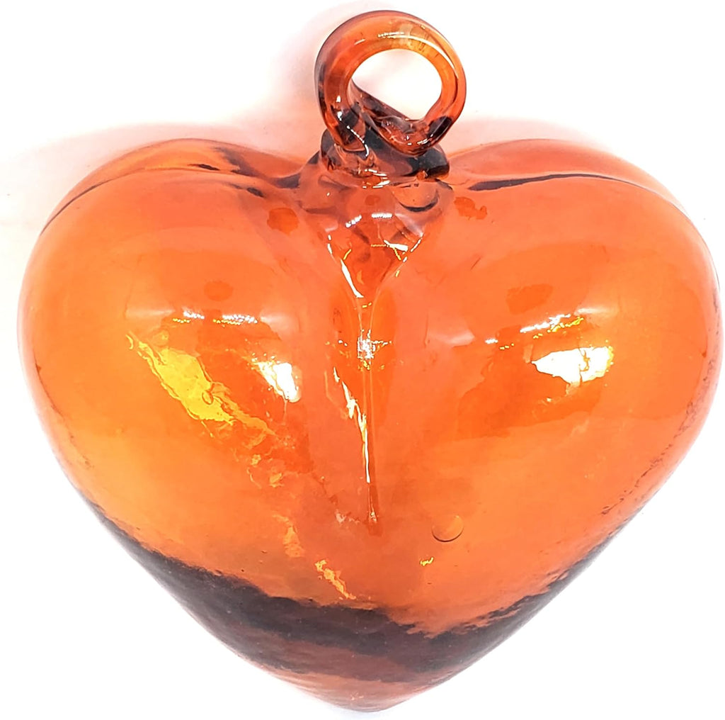 Orange 5.1 inch Large Hanging Glass Hearts (Set of 6), Recycled Blown Glass Ornaments (LGE Orange Hearts)