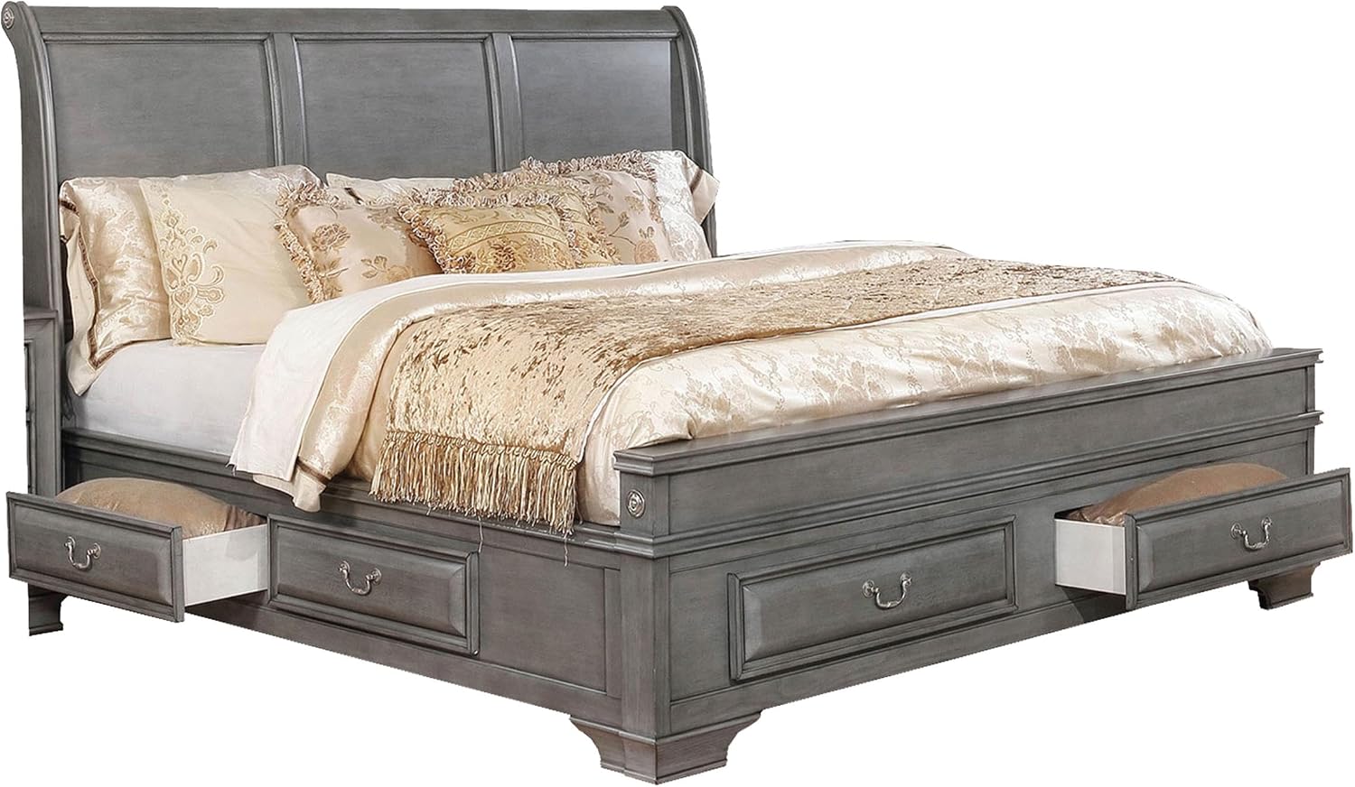 Benjara Lio Four PC Queen Size Bedroom Set- Gray Wood Inlay Design- Nickel