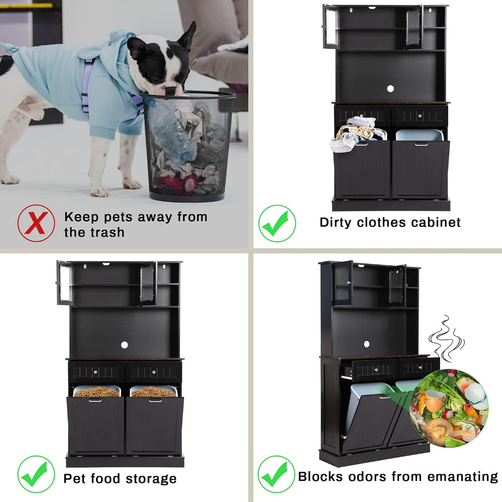Double Tilt Out Trash Cabinet Storage Cabinet 20 Gallon with Two Solid Wood Hideaway Trash Holder Drawers, Dual Wooden Free Standing Recycling Cabinets Trash Can Bin Kitchen (Black)