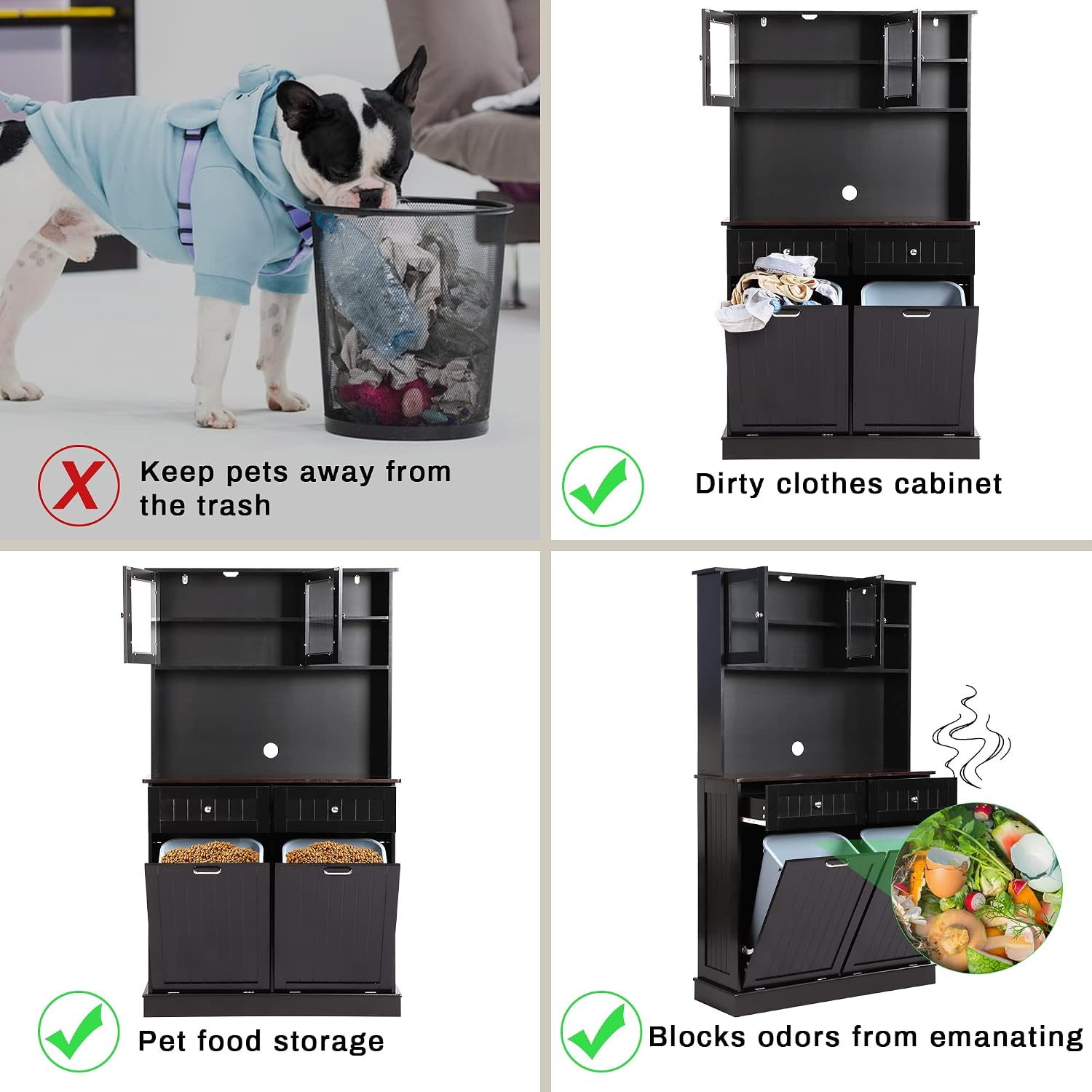 Double Tilt Out Trash Cabinet Storage Cabinet 20 Gallon with Two Solid Wood Hideaway Trash Holder Drawers, Dual Wooden Free Standing Recycling Cabinets Trash Can Bin Kitchen (Black)