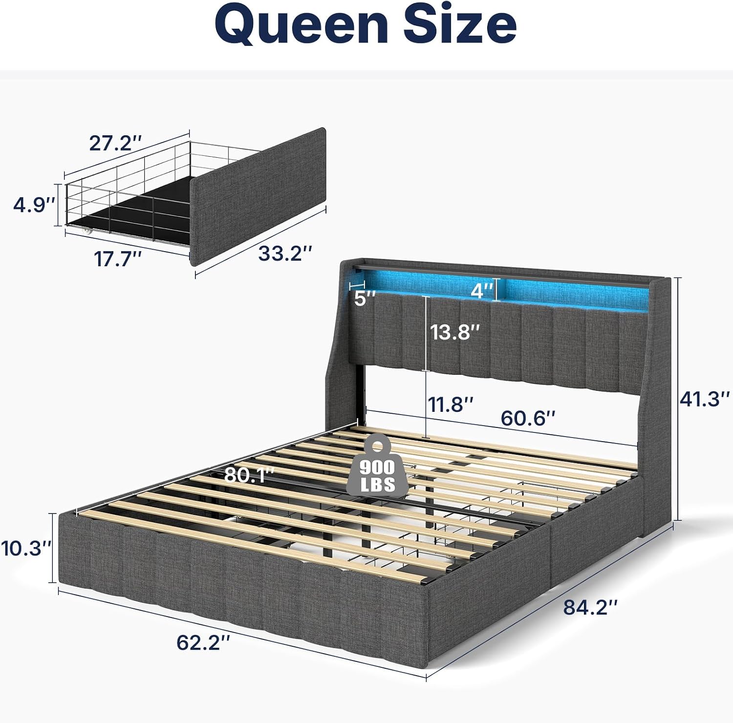 Zevemomo Queen Bed Frame with 4 Storage Drawers, Upholstered Queen Size Bed Frames with Headboard, Queen Size Bed Frame with LED Lights, Dark Grey