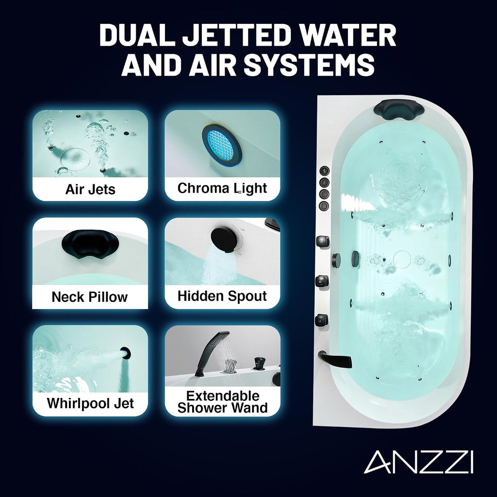 ANZZI Stone Bell 67' x 32' Freestanding Bathtub, Center Drain | Flat Bottom Tub with Air and Whirlpool Massage Jets, Lights, 5-Piece Faucet, 92 Gallon Free Standing Tub - White and Black