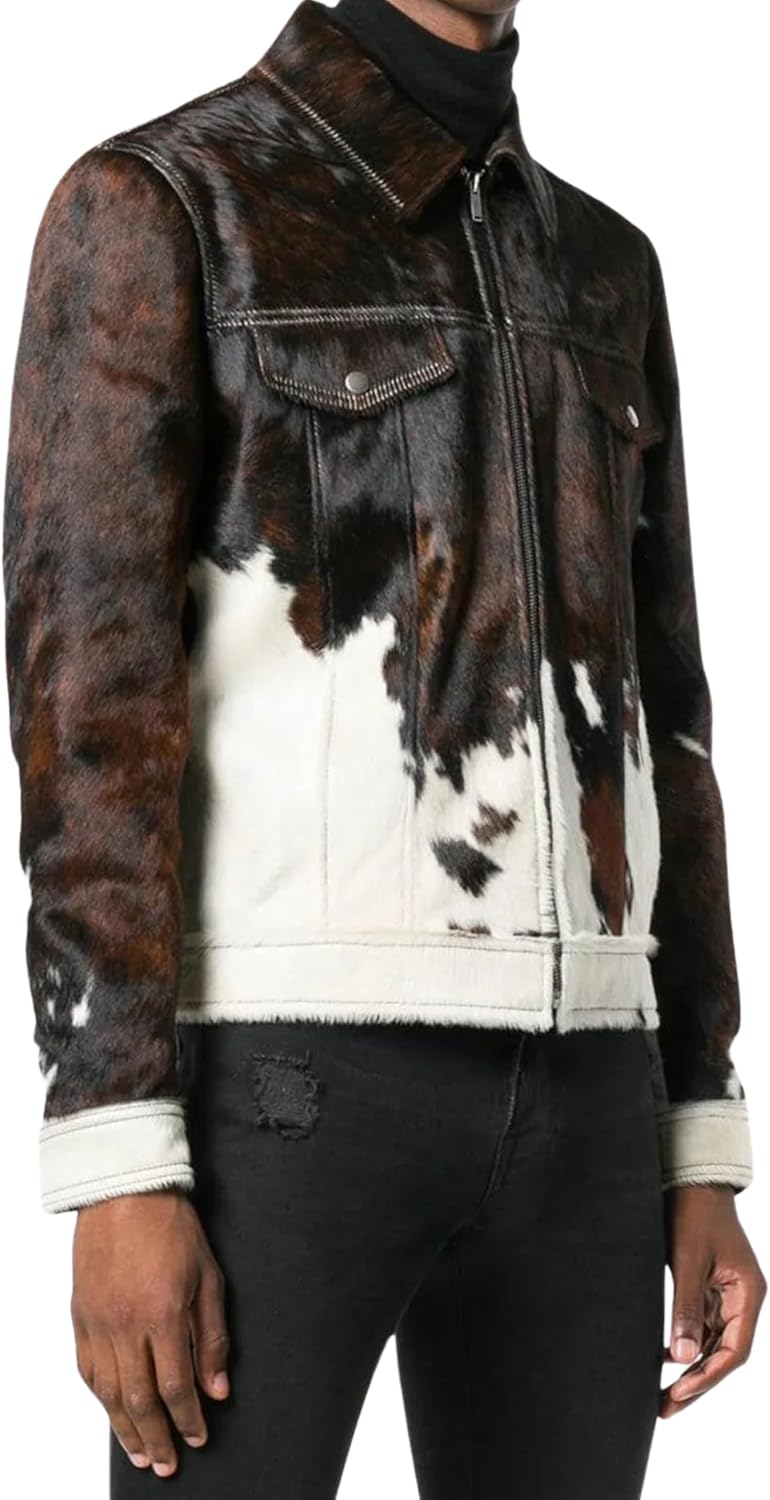 Men's Real Cow Hair on Leather Jacket, Cow Skin Print Pony Skin Coat, Casual