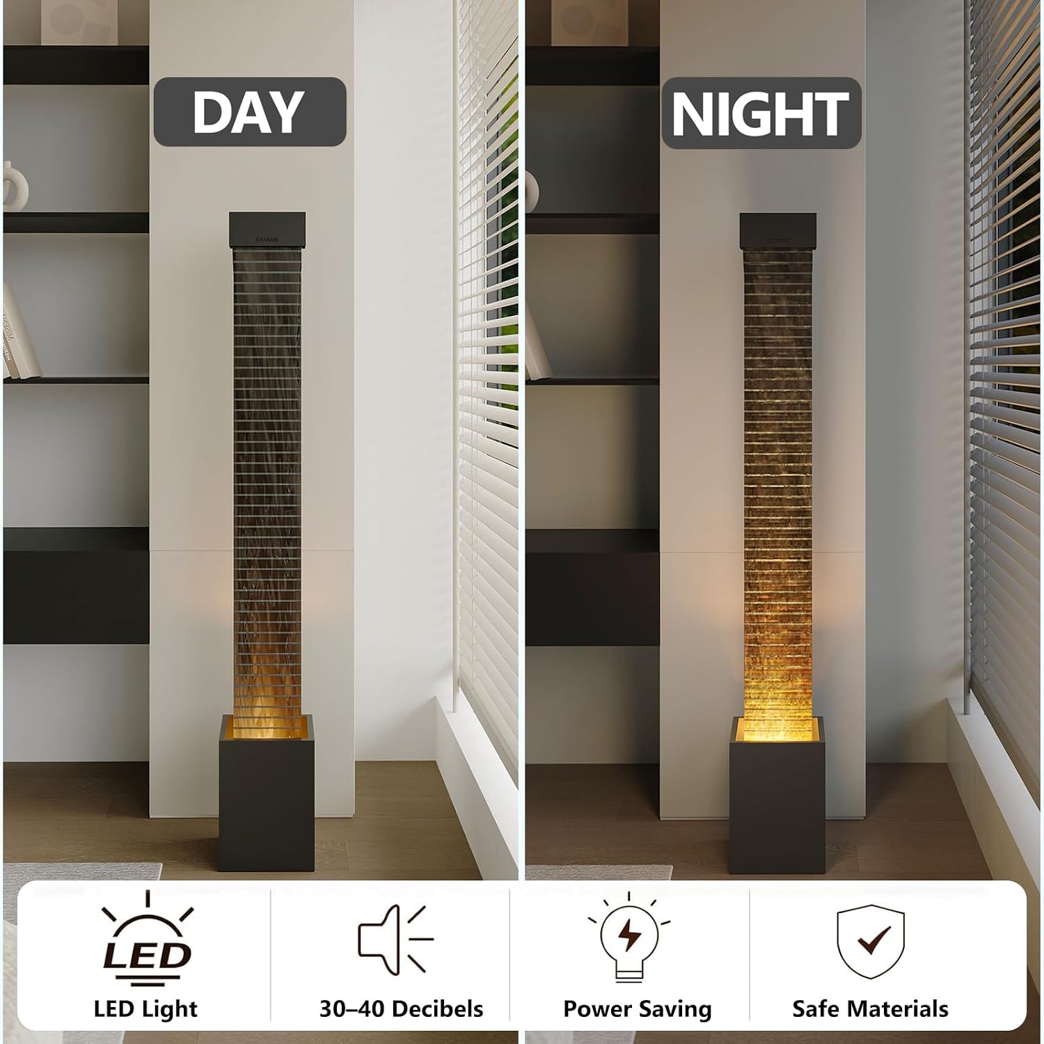 EIYAM 59.8' Indoor Waterfall Fountain, Natural Slate Stone Floor Standing Water Feature with LED Light, Modern Large Fountain for Home, Office, Entryway Decor