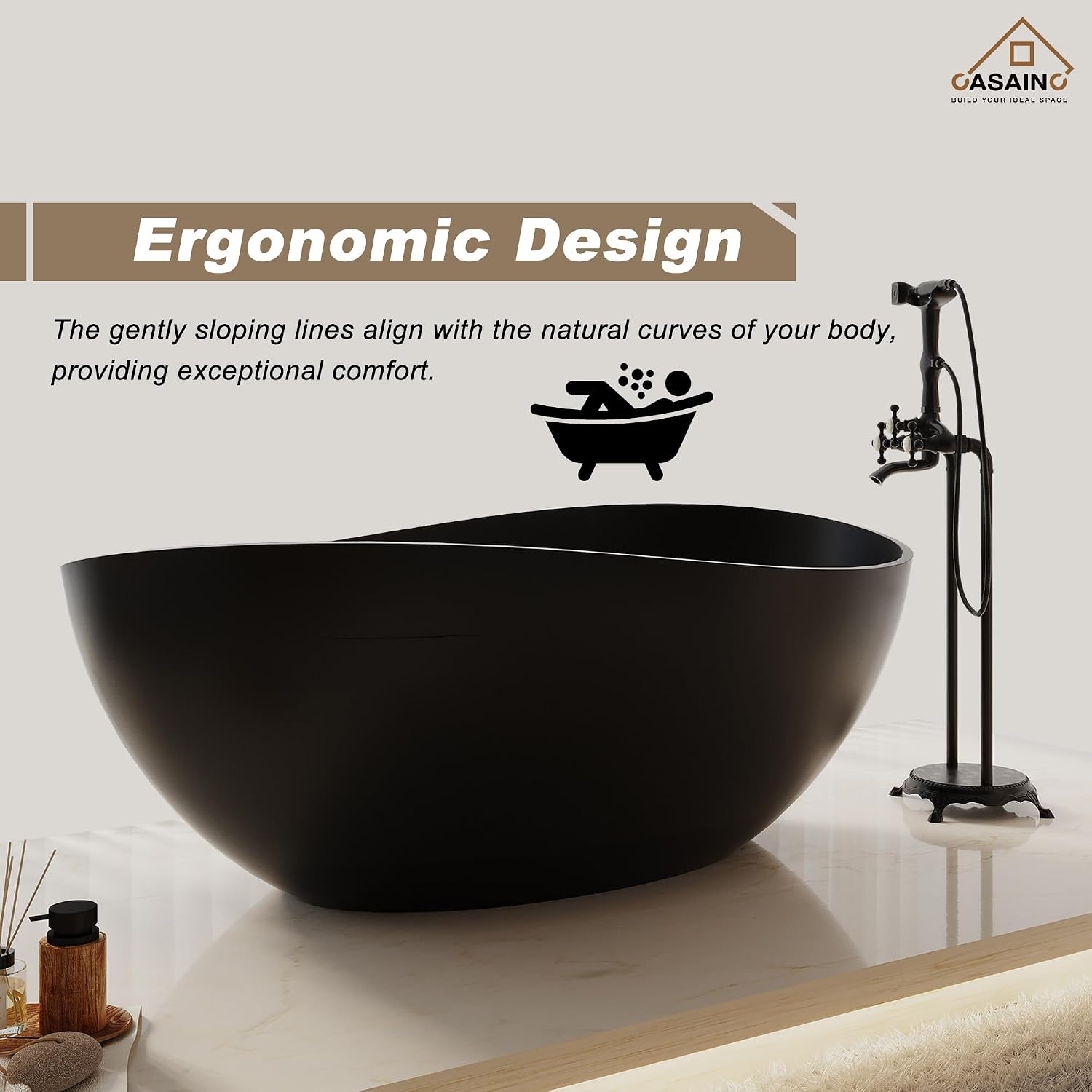 CASAINC 63' Free Standing Tub, Matte Black Stone Resin Freestanding Bathtub Solid Surface Soaking Tub with Drain, Drain Hose & Sanding Paper