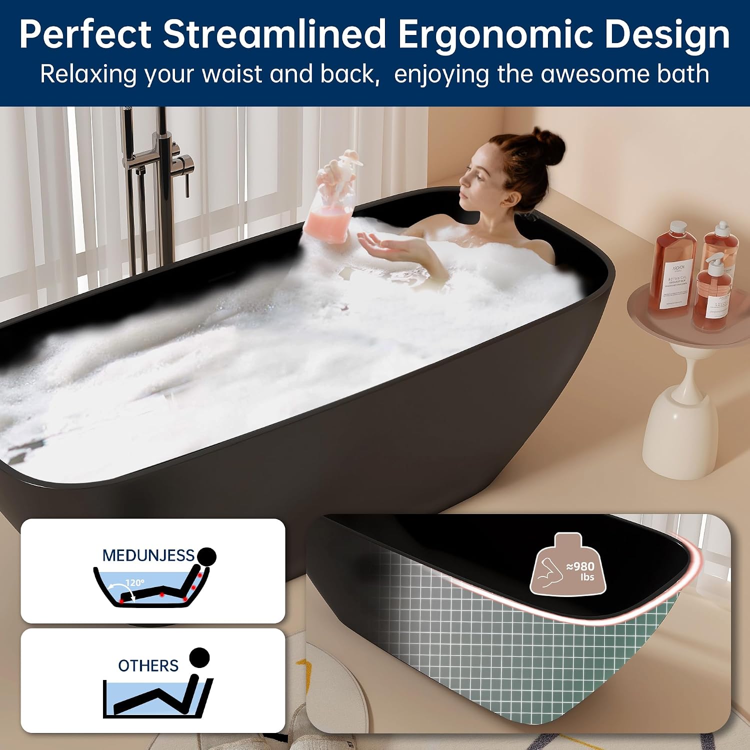 67'' Black Bathtub,Stone Resin Solid Surface Freestanding Bathtub, Modern Elegant Design Soaking Stand Alone Tub, Matte Black, Drain and Overflow Included