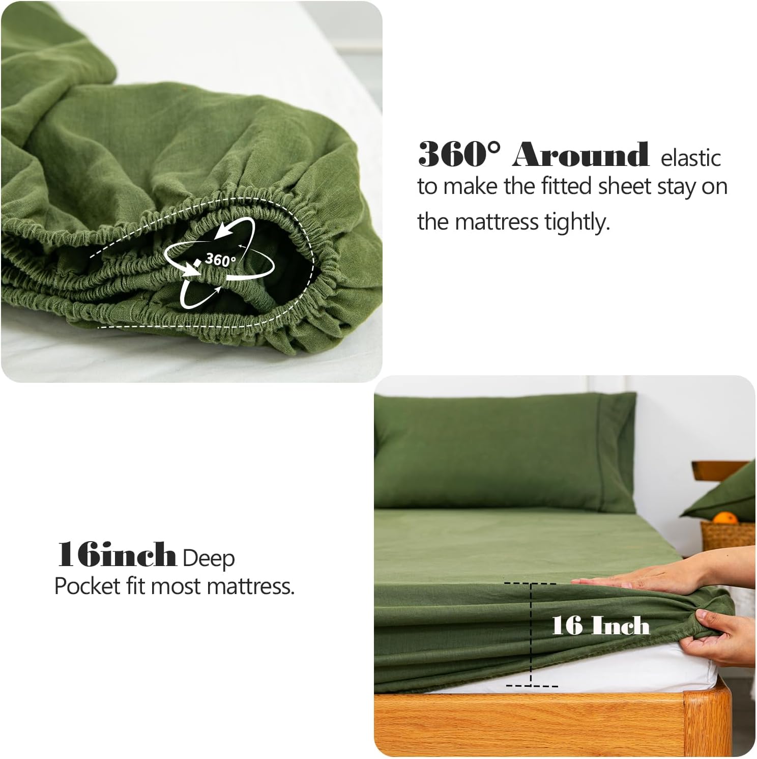 S VICTORY SYMBOL 100% Organic Linen Sheets Set Queen Size 4 Pieces(1 Flat Sheet & 1 Fitted Sheet & 2 Pillowcase) Natural Flax Soft Bedding,GOTS Certified,Deep Pocket Sheet,Juniper Green