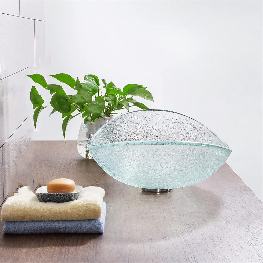 Tempered Glass Vessel Bowl Sink, Top Mount Installation Bathroom Sinks Above Counter, Oval Boat Vanity Countertop Sink Bowl with Chrome Faucet,Single Basin Set (Single Basin)
