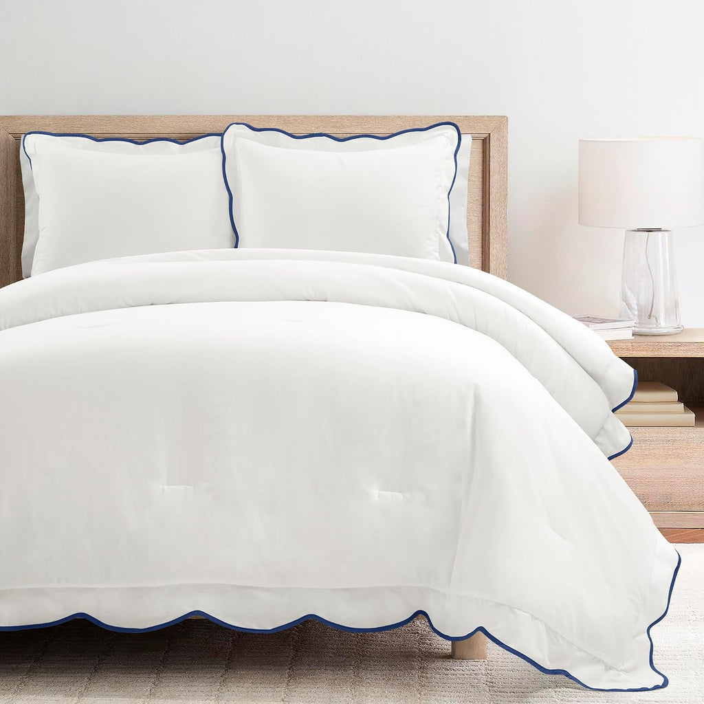 Lush Decor Coastal Chic Scalloped Edge Comforter Set, 3 Piece Set Full/Queen, Navy & White - Queen Bedding Set - White Comforter - Coastal Decor