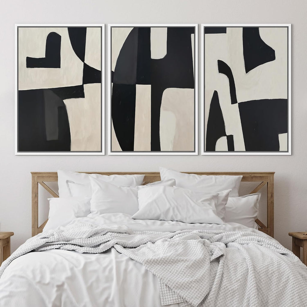 SIGNLEADER Framed Canvas Print Wall Art Set Black and Beige Abstract Shapes Modern Geometric Illustrations Boho Decorative for Living Room, Bedroom, Office - 24'x36'x3 White