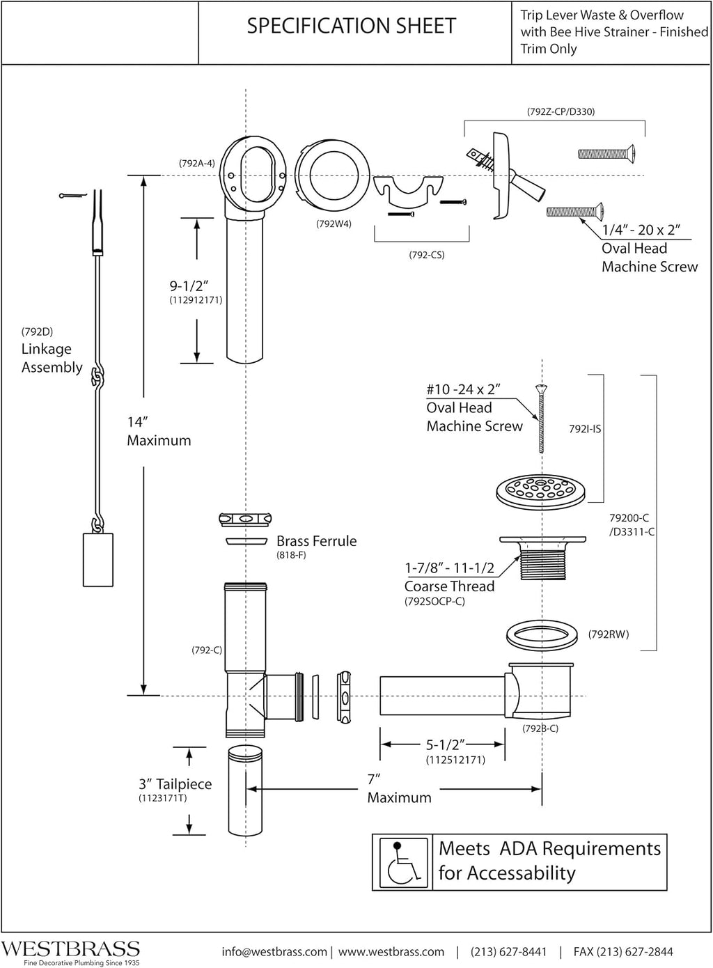 Westbrass A323-62 14' Bath Waste & Overflow Assembly with Trip Lever and Beehive Strainer Grid Drain, Matte Black