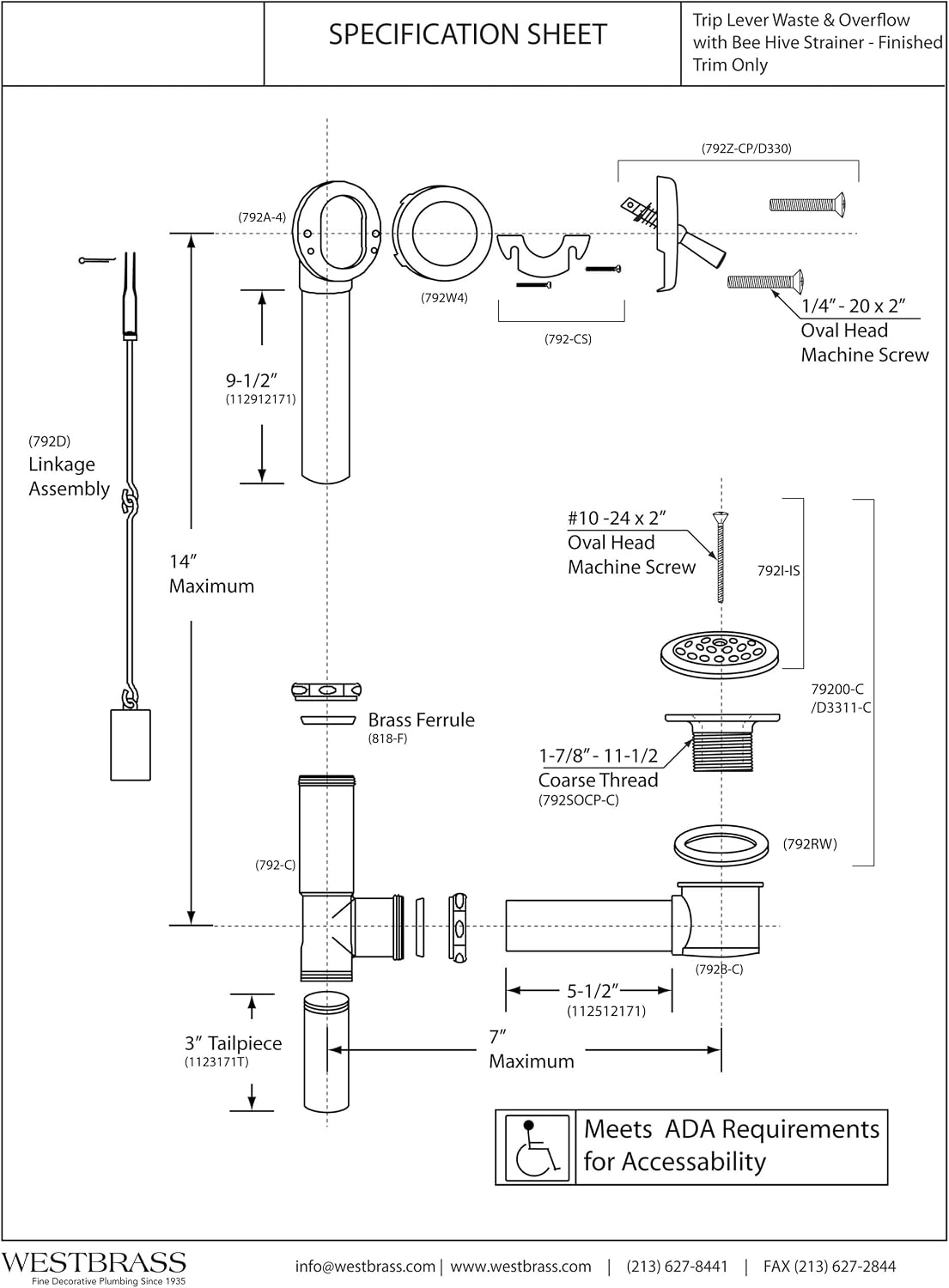 Westbrass A323-12 14' Bath Waste & Overflow Assembly with Trip Lever and Beehive Strainer Grid Drain, Oil Rubbed Bronze