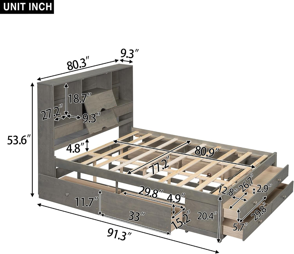 King Size Platform Bed with Storage Headboard, Solid Wood Platform Bed Captain's Bed Frame with 8 Drawers, Sturdy Slats Support, Maximize Space (Grey-8R, King)