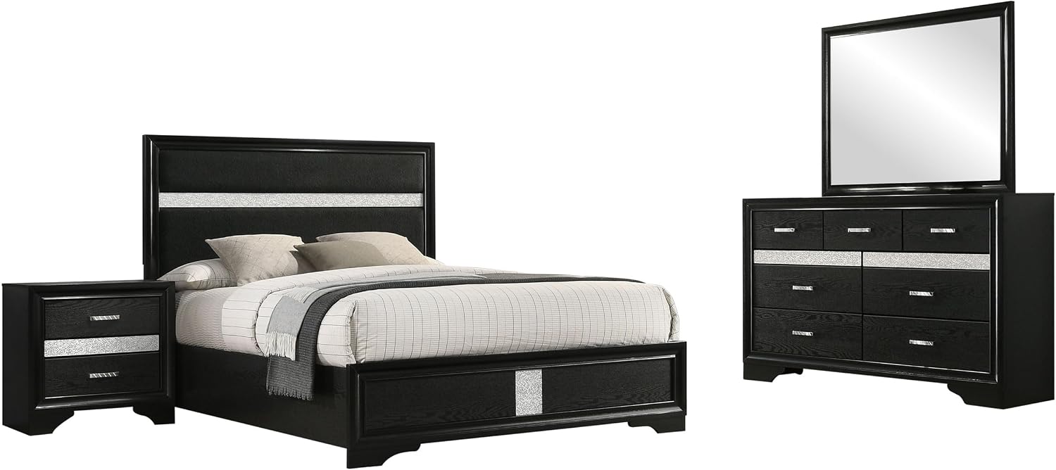 Coaster Home Furnishings Miranda Contemporary 4-Piece Bedroom Set Fabric Upholstered Queen Size Panel Bed Frame 54-inch Headboard Black 206360Q-S4