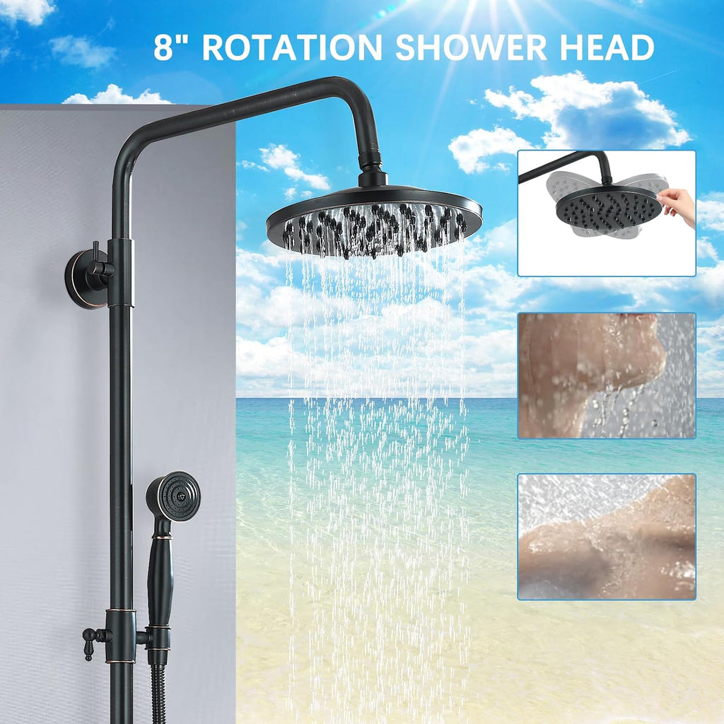 Rain Shower System Oil Rubbed Bronze Outdoor Shower Faucet Set with 8 Inch Rainfall Shower Head Handheld Spray 2 Cross Handles Wall Mounted Bathroom Shower Fixtures Solid Brass