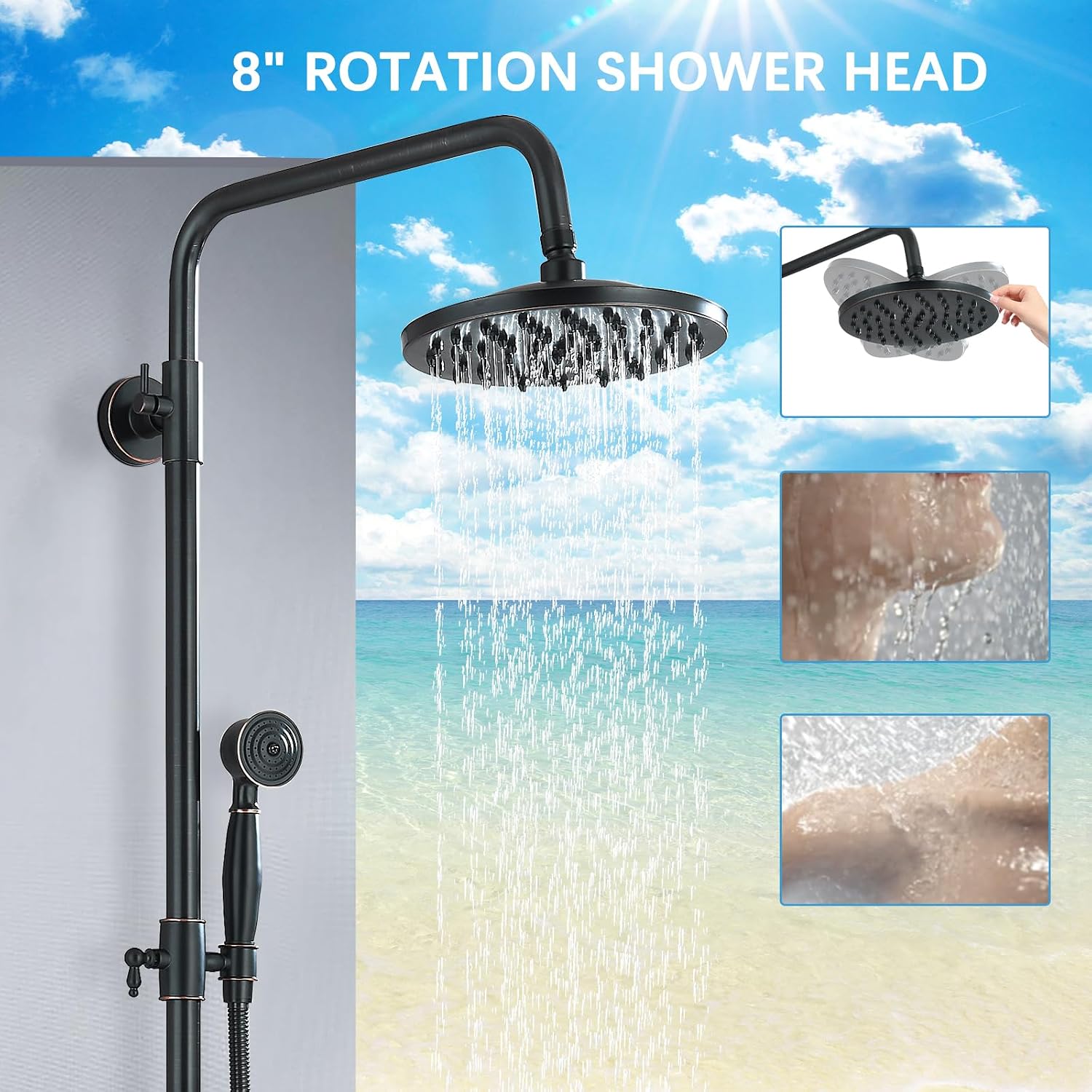Rain Shower System Oil Rubbed Bronze Outdoor Shower Faucet Set with 8 Inch Rainfall Shower Head Handheld Spray 2 Cross Handles Wall Mounted Bathroom Shower Fixtures Solid Brass
