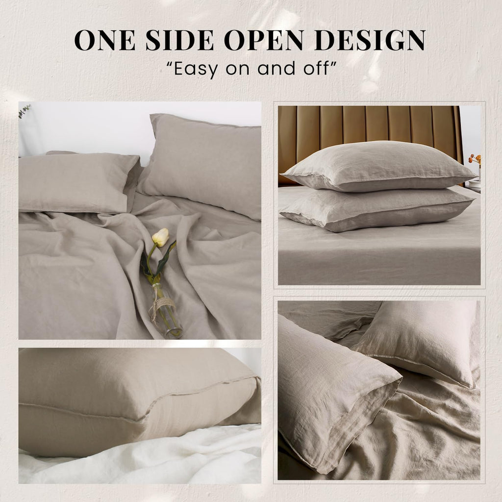 S VICTORY SYMBOL 100% Organic Linen Sheets Set Queen 4Pcs,Stone Washed French Flax Bed Sheets(1 Flat Sheet,1 Fitted Sheet,2 Pillowcase) GOTS Certified,Farmhouse Bedding-Khaki Linen