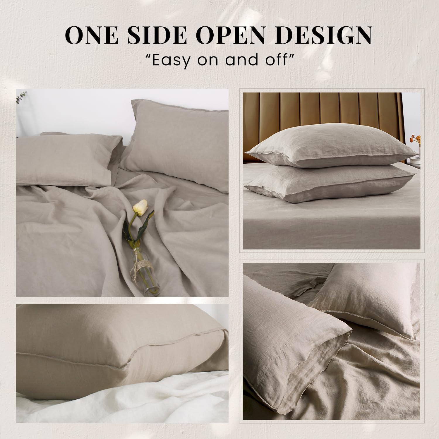 S VICTORY SYMBOL 100% Organic Linen Sheets Set Queen 4Pcs,Stone Washed French Flax Bed Sheets(1 Flat Sheet,1 Fitted Sheet,2 Pillowcase) GOTS Certified,Farmhouse Bedding-Khaki Linen