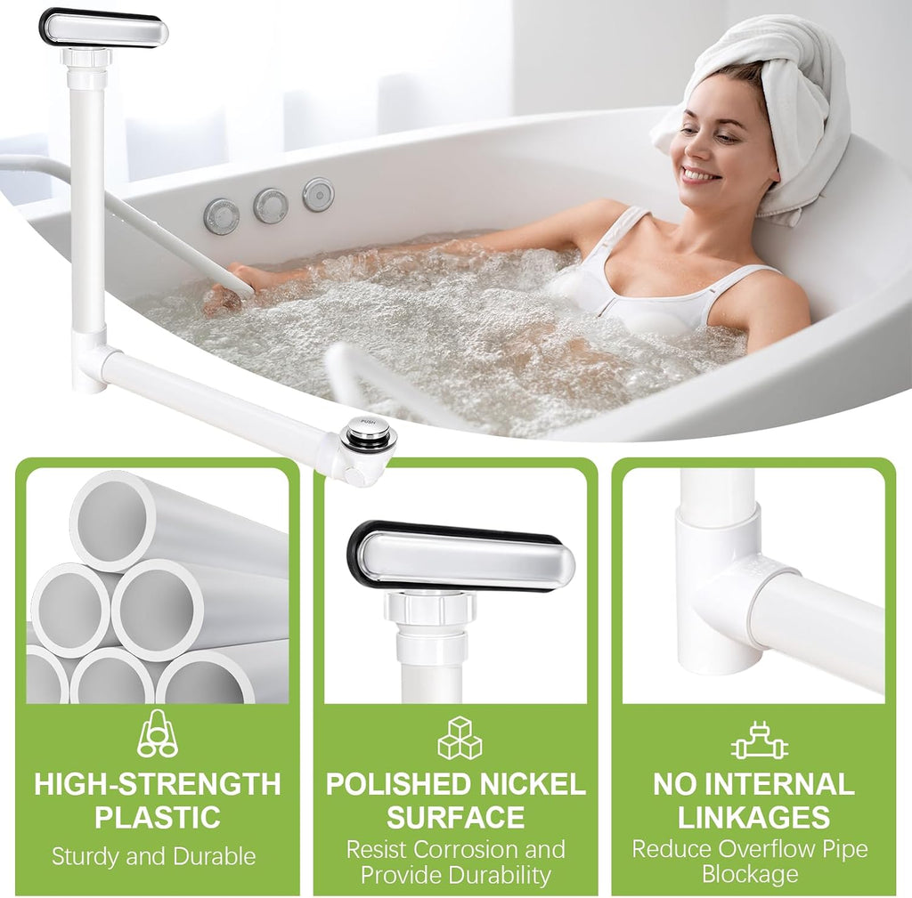 Slotted Overflow Bath Drain with Toe-Tap Stopper, with Metal Overflow Cover, Compatible with Kohler Elevance/Archer/Underscore/Rêve/Parity Baths and Whirlpools, Brushed Nickel, Easy Installation