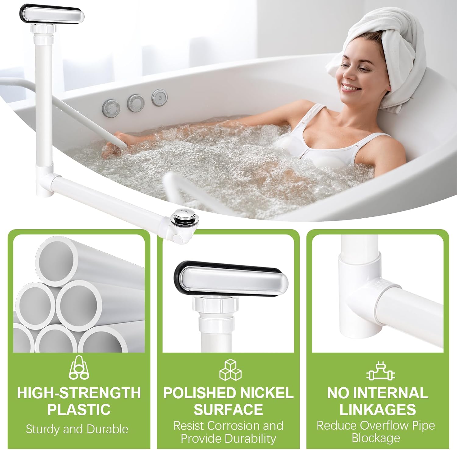 Slotted Overflow Bath Drain with Toe-Tap Stopper, with Metal Overflow Cover, Compatible with Kohler Elevance/Archer/Underscore/Rêve/Parity Baths and Whirlpools, Brushed Nickel, Easy Installation