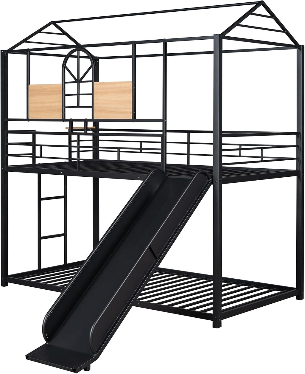 MERITLINE Metal Bunk Bed Twin Over Twin Bunk Bed Frame with Slide,Twin Over House Bed with Guardrails