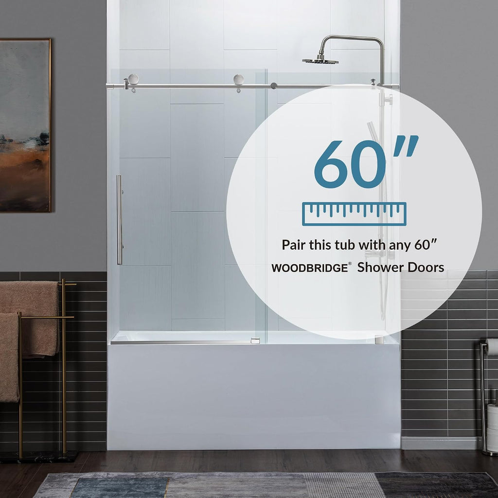 WOODBRIDGE 60' Acrylic Rectangular Alcove Soaking Bathtub in White with Right Drain, Brushed Gold pop-up Drain Included, LB666-R