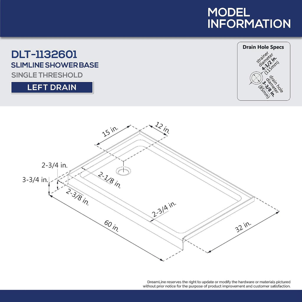 DreamLine Infinity-Z 32 inch D x 60 inch W x 78 3/4 inch H Semi-Frameless Sliding Shower Door in Chrome and Clear Glass, Left Drain Shower Base, and Wall Kit in White