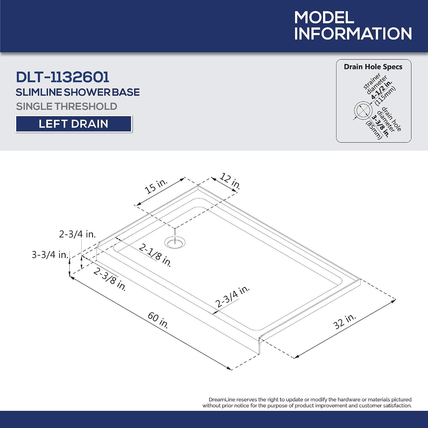 DreamLine Infinity-Z 32 inch D x 60 inch W x 78 3/4 inch H Semi-Frameless Sliding Shower Door in Chrome and Clear Glass, Left Drain Shower Base, and Wall Kit in White