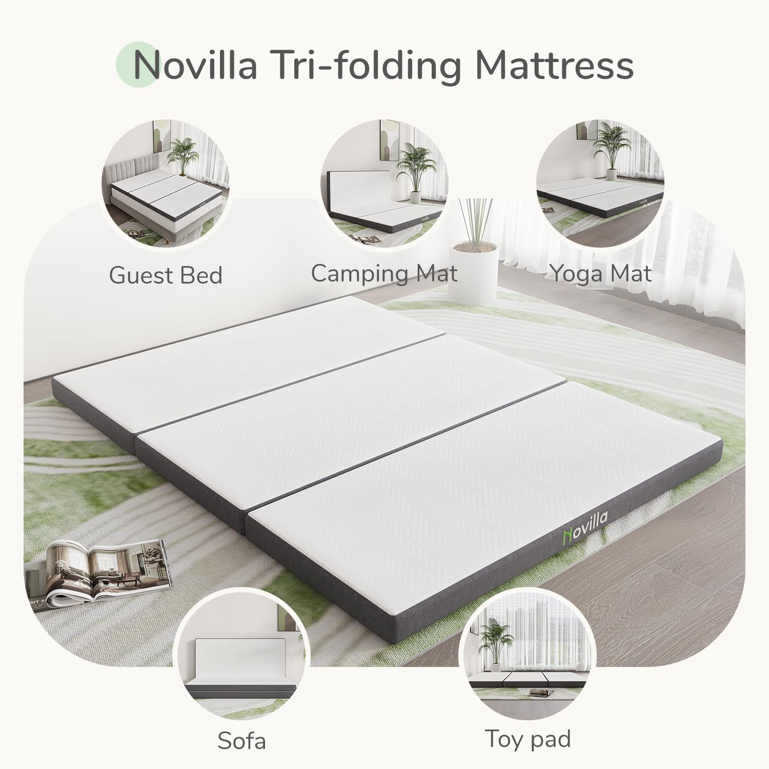 Novilla Folding Mattress Queen, 4 inch Memory Foam Tri Fold