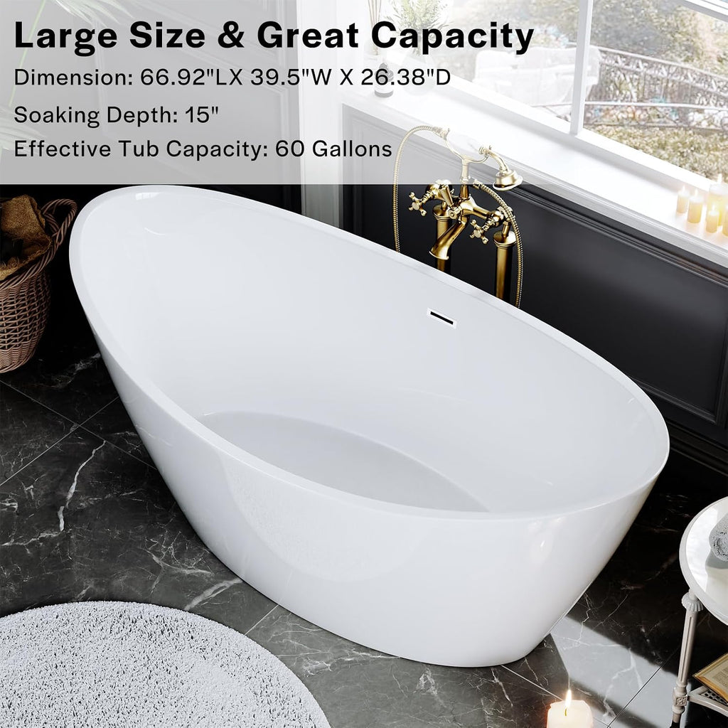 Empava Bathtub, 67' Soaking Tub, Acrylic Free Standing Tub with Center Drain and Overflow, Contemporary Design Bathtub for Bathroom, cUPC Certified, Glossy White