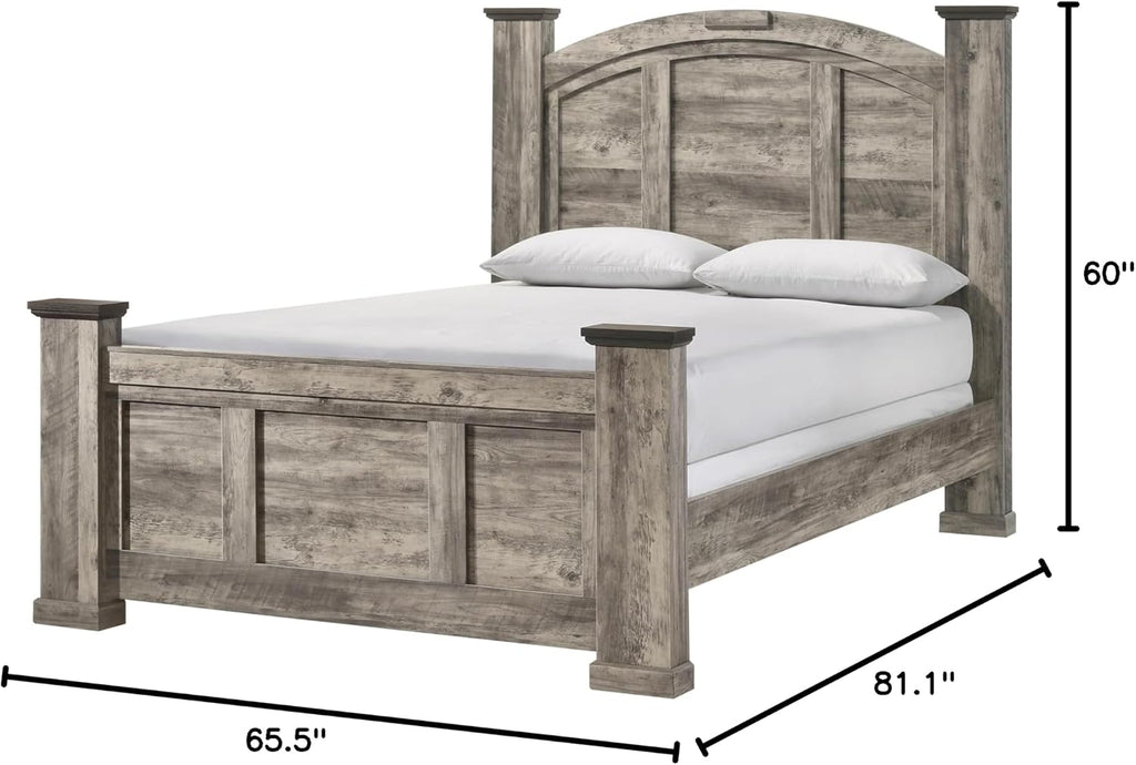 Rustic Gray Poster Queen Size 5pc Panel Bed Set Storage Wooden Solid Wood Bedroom Furniture