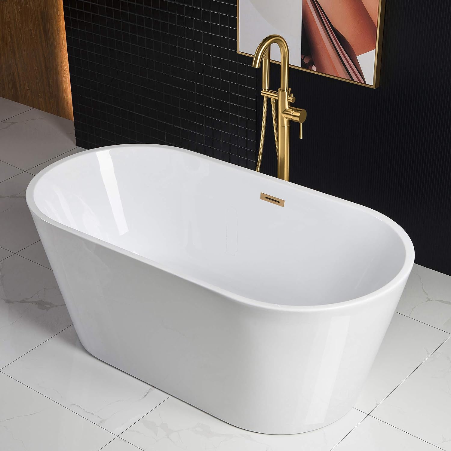 WOODBRIDGE 59' Freestanding White Acylic Soaking Bathtub with Brushed Gold Drain and Overflow, BTA1514-BG