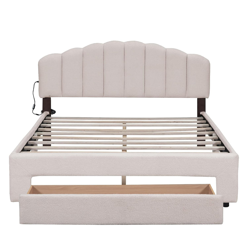 Queen Size Teddy Fleece Upholstered Platform Bed with Drawer,LED Bed Frame W/ 2 USB Ports,for Bedroom,Apartment,Guest Room,Beige