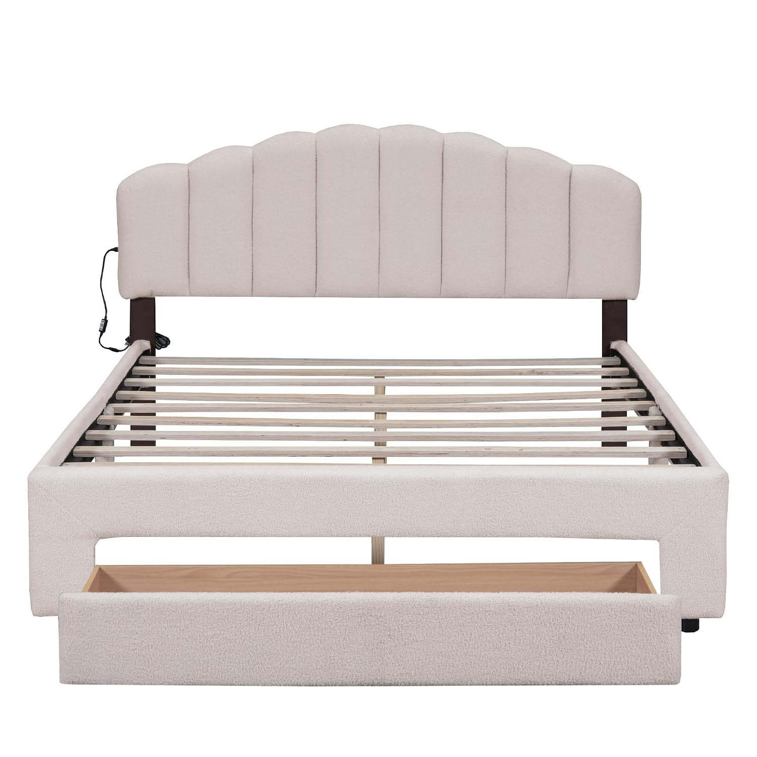 Queen Size Teddy Fleece Upholstered Platform Bed with Drawer,LED Bed Frame W/ 2 USB Ports,for Bedroom,Apartment,Guest Room,Beige