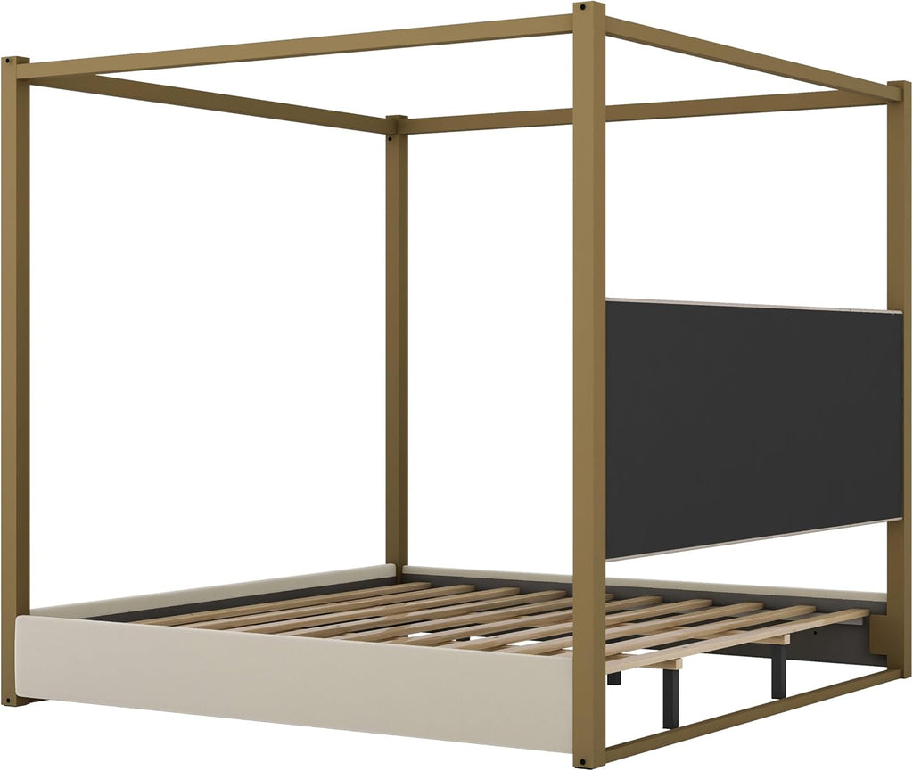 LUMISOL King Size Metal Canopy Bed Frame, 4 Poster Bed with Tall Upholstered Headboard, Velvet Upholstered Canopy Platform Bed, No Box Spring Needed, Beige + Gold