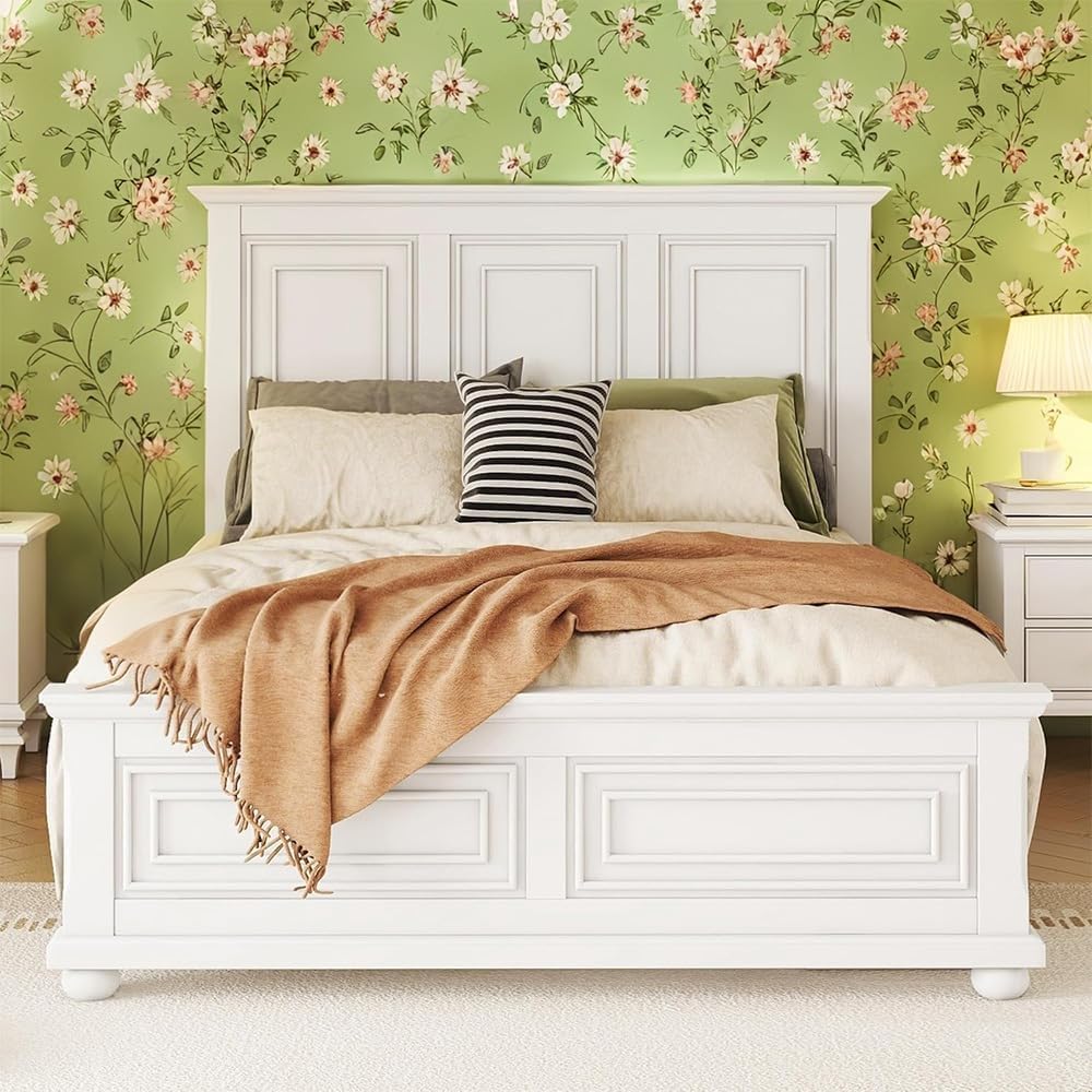 MERITLINE Vintage Farmhouse Bed Frame Queen,Solid Wood Mid Century Modern Rustic Bed Frame with Headboard and Footboard,No Box Spring Needed (White,Queen)