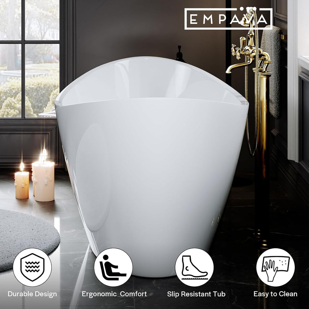 Empava Bathtub, 67' Soaking Tub, Acrylic Free Standing Tub with Center Drain and Overflow, Contemporary Design Bathtub for Bathroom, cUPC Certified, Glossy White