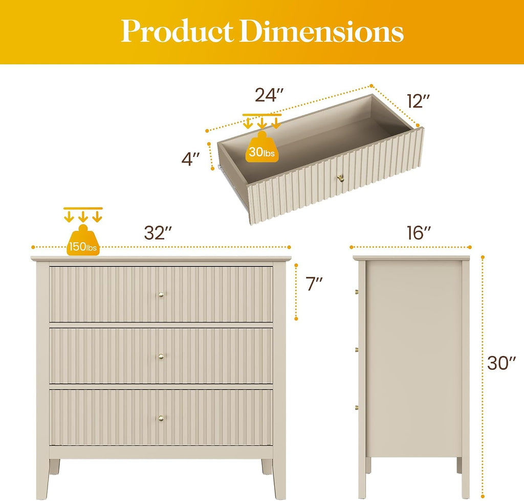 May in Color Large Beige Fluted 3 Drawer Dresser Set of 2, Chest of Drawers with Ball Bearing Slide Modern 30 inch Tall Wood Nightstand with Spacious Storage for Bedroom Hallway Living Room Entryway