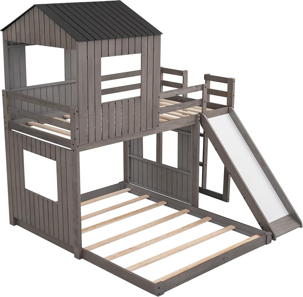MERITLINE House Bed Bunk Beds with Slide Twin Over Full Size Bunk Bed Frame with Slide,Wooden Playhouse - Design Slide Bunk Beds Twin Over Full Bunk for Boys and Girls