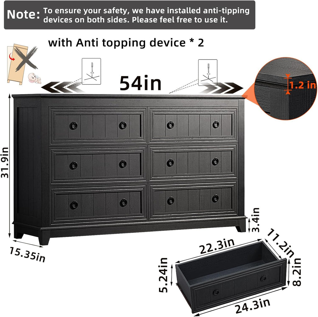 Joaxswe Farmhouse Dresser and Nightstand Sets 3 Piece, Nightstands Set of 2 and 6 Drawers Dresser for Bedroom, 54' Wide Dresser and 18' Inch Night Stand Set for Bedroom, Living Room, Hallway
