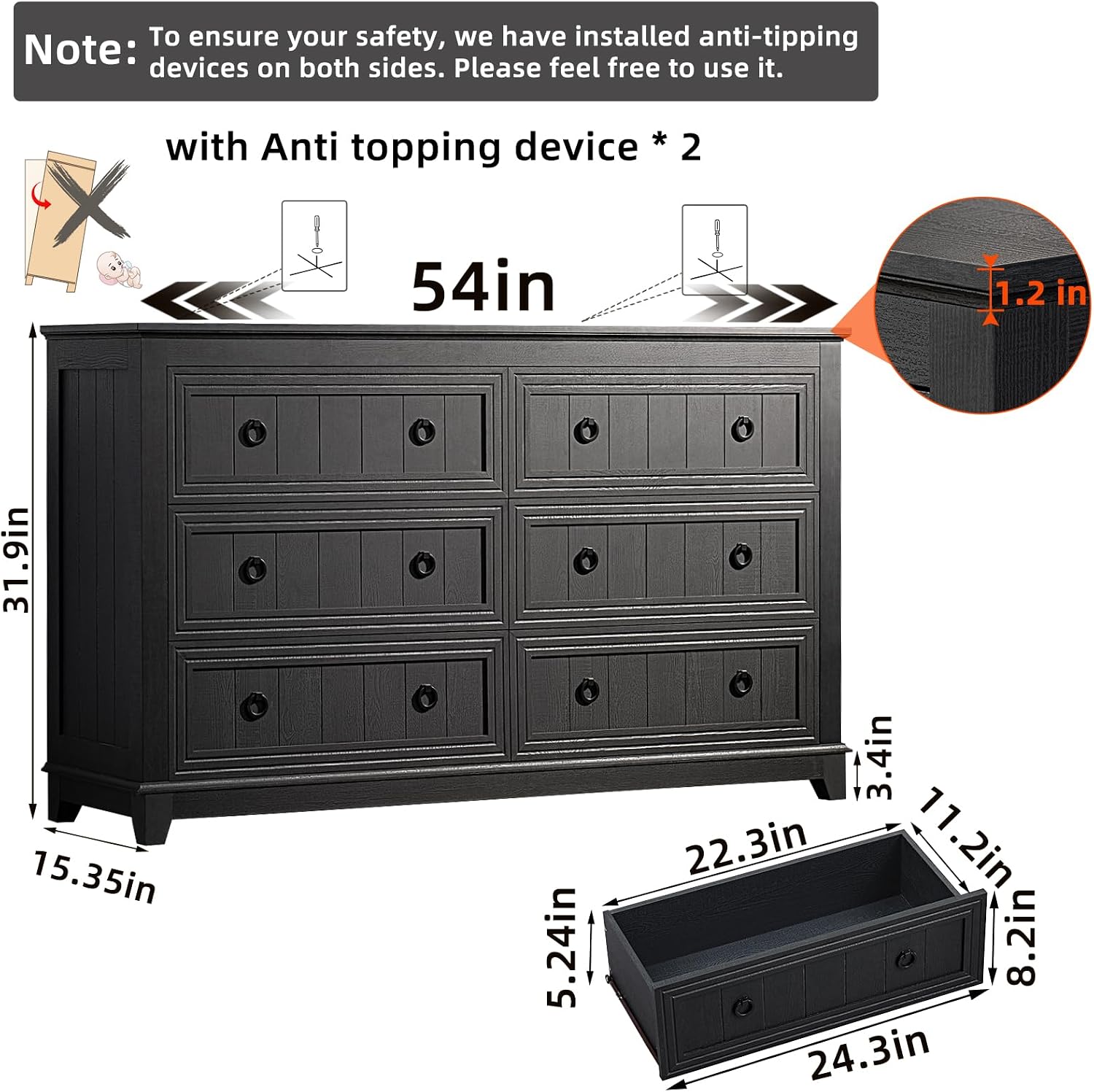 Joaxswe Farmhouse Dresser and Nightstand Sets 2 Piece, Nightstands and 6 Drawers Dressers for Bedroom, 54' Wide Dresser and 18' Inch Night Stand Set for Bedroom, Living Room, Hallway