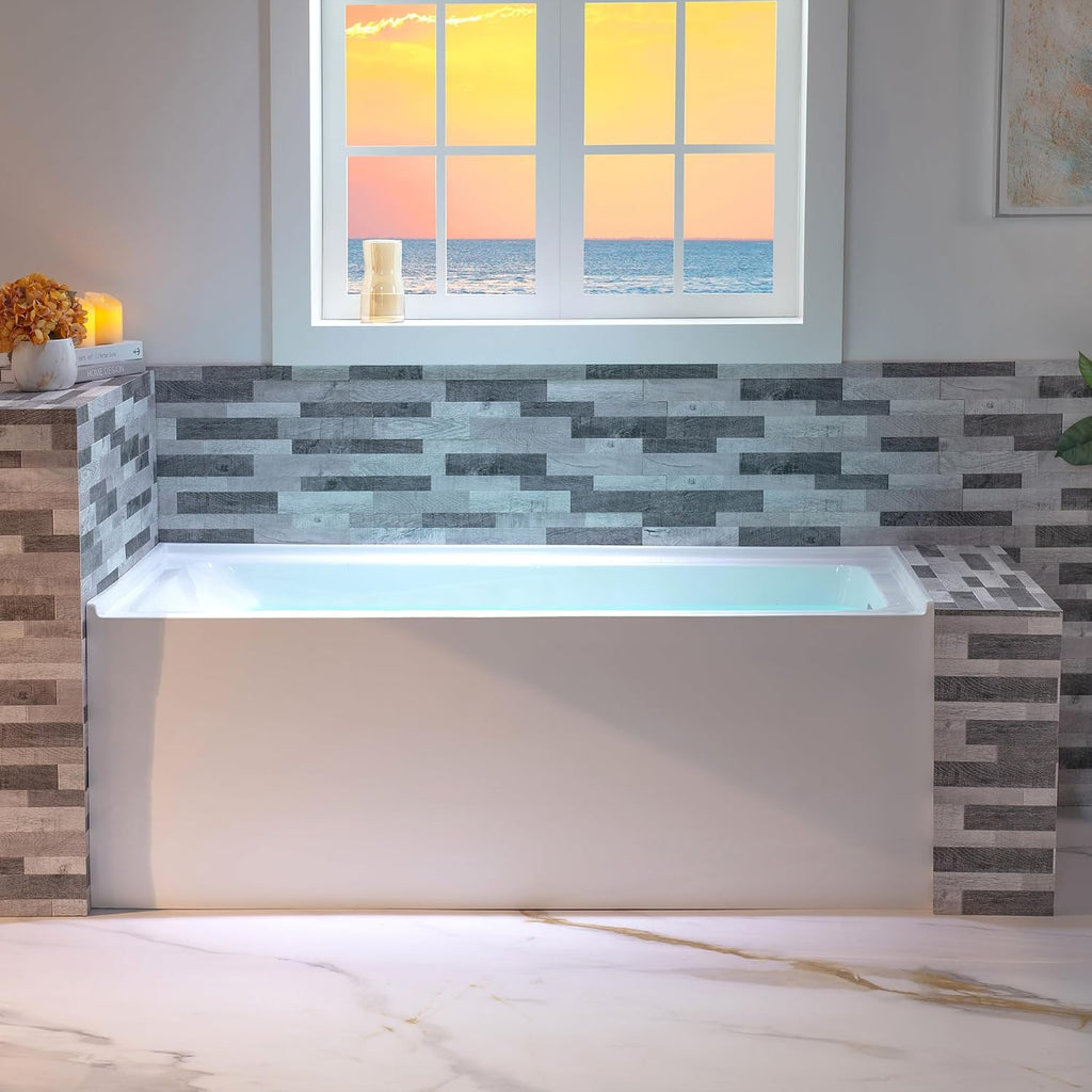 WOODBRIDGE 60' Acrylic Rectangular Alcove Soaking Bathtub in White with Right Drain, Brushed Nickel pop-up Drain Included, LB666-R