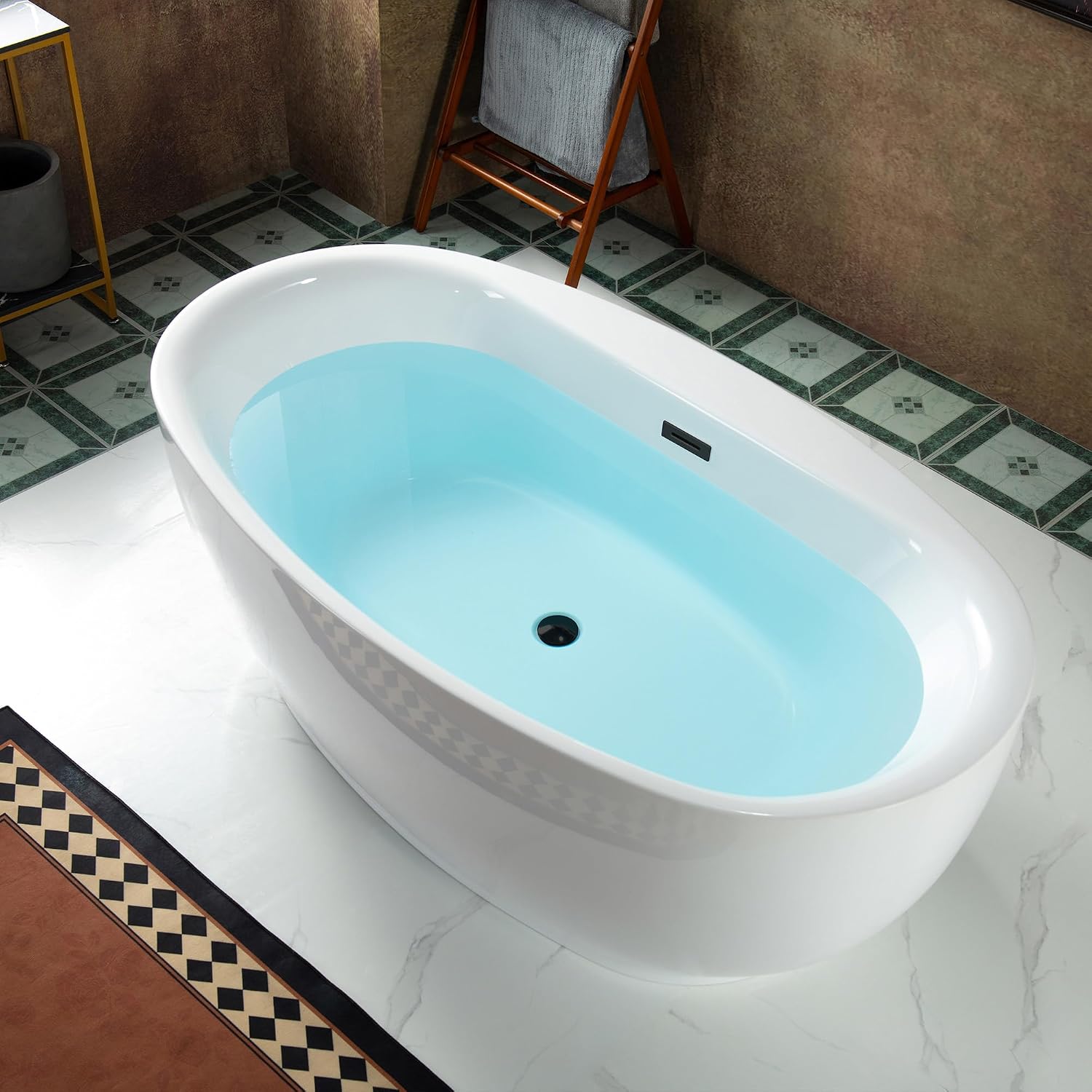 WOODBRIDGE 66' Acrylic Freestanding Bathtub Contemporary Soaking White Tub with Matte Black Overflow and Drain，B0027-MB