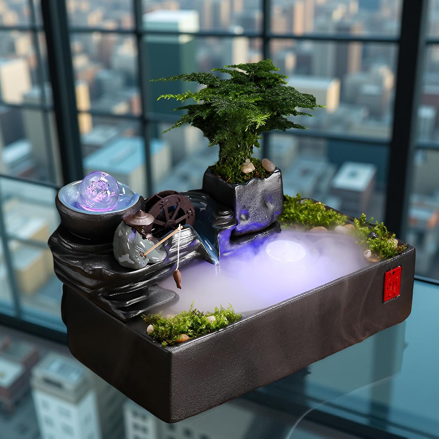 Zen Tabletop Fountain with LED Lights & Mist Maker - Indoor Waterfall Decor with Crystal Stones for Home, Office, Meditation Room - Relaxing Desktop Humidifier Gift (C Style)(C Style)