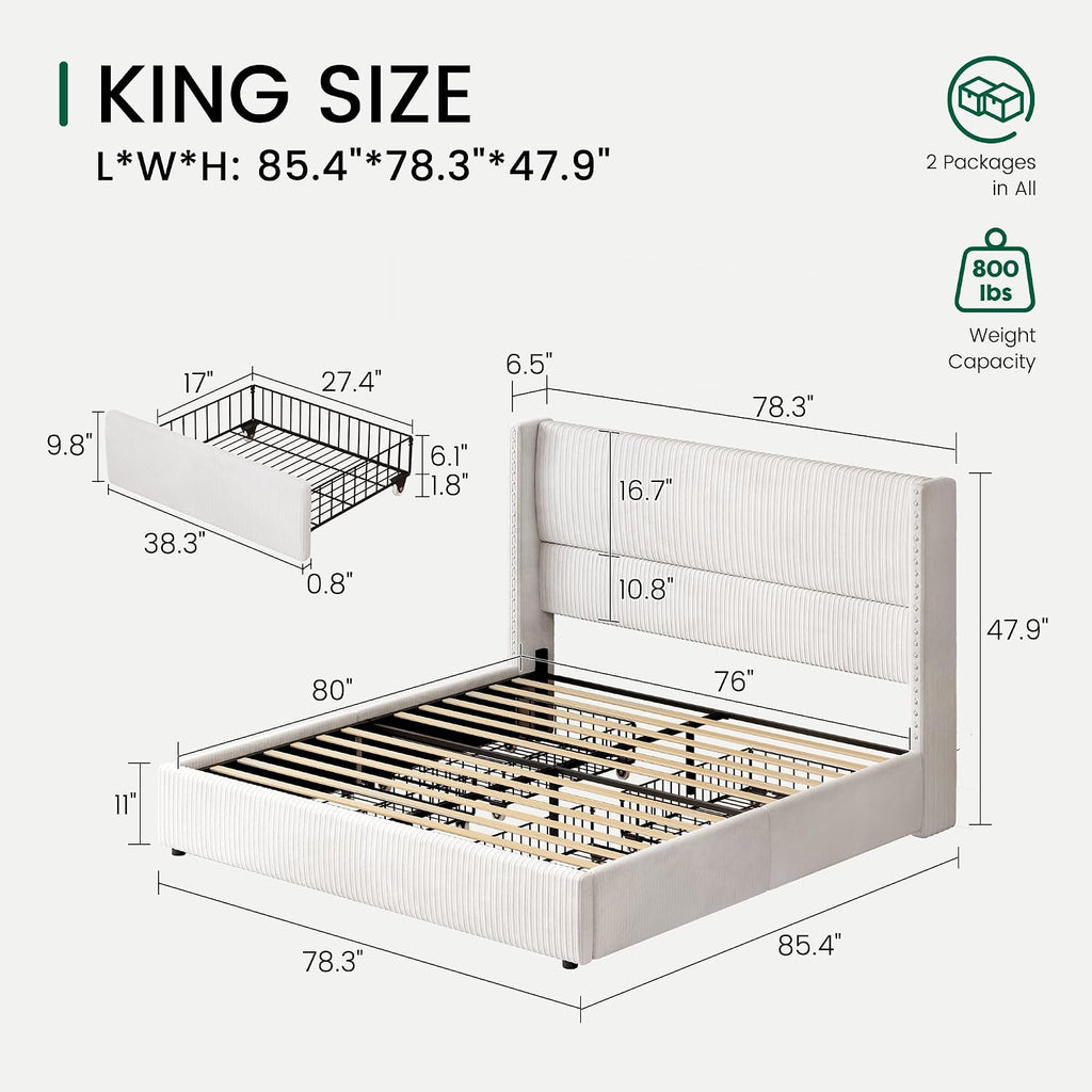 LARMACE King Size Bed Frame with 4 Storage Drawers Modern White Corduroy Upholstered Platform Bed Frame with Headboard Tufted Vertical Stripe &Wooden Slats Support, No Box Spring Need,Easy Assembly