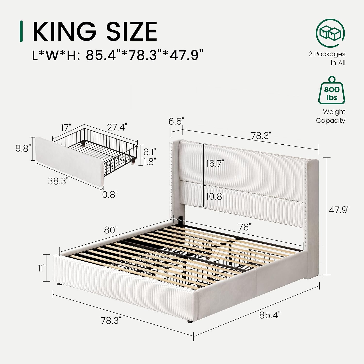 LARMACE King Size Bed Frame with 4 Storage Drawers Modern White Corduroy Upholstered Platform Bed Frame with Headboard Tufted Vertical Stripe &Wooden Slats Support, No Box Spring Need,Easy Assembly