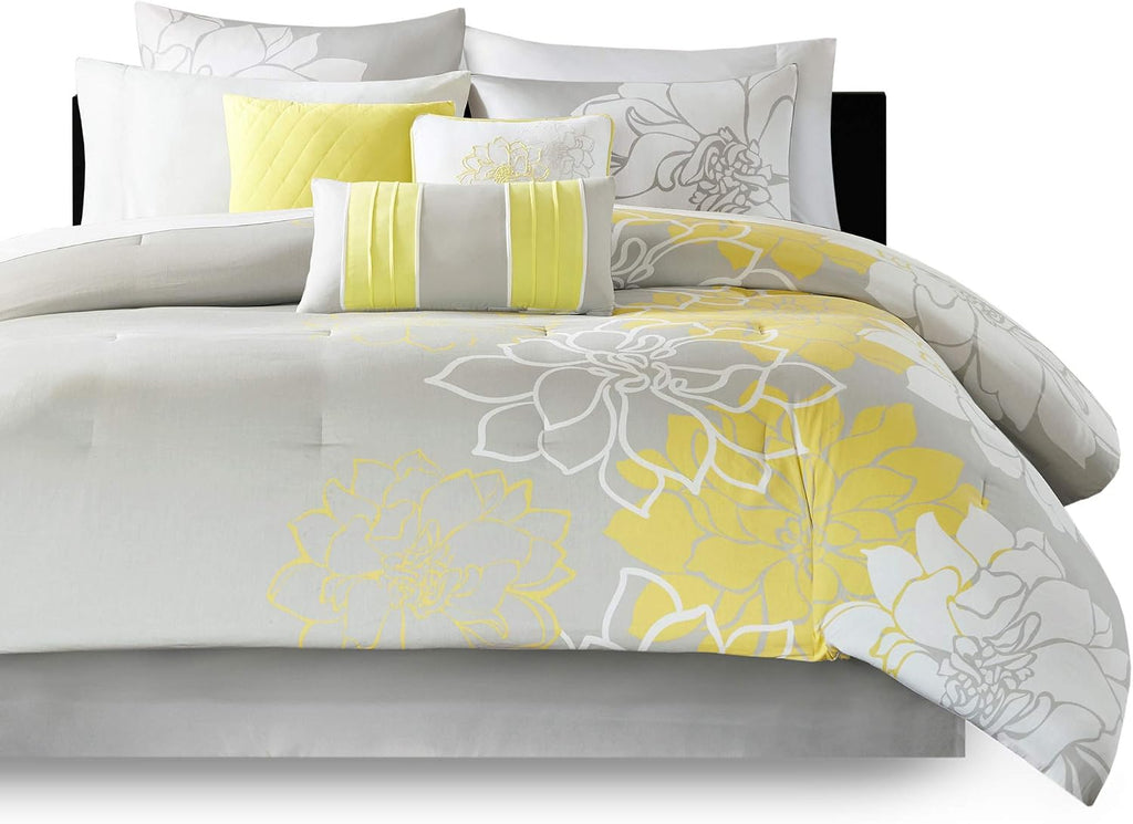 Madison Park Lola Sateen Cotton Comforter Set-Casual Medallion Floral Design All Season Down Alternative Bedding, Shams, Bedskirt, Decorative Pillows, King, Grey/Yellow 7 Piece